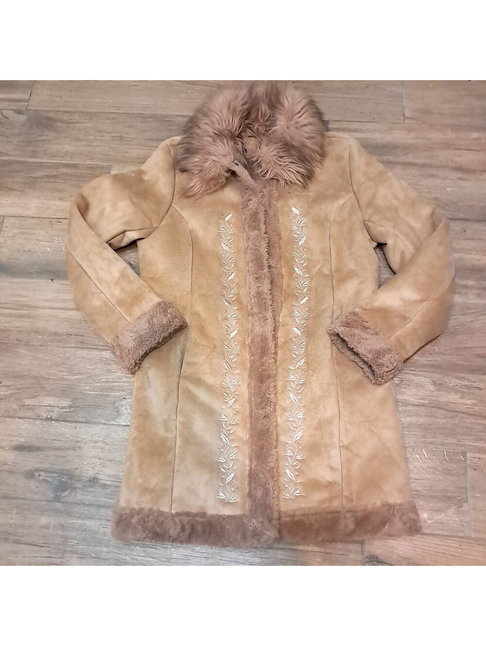 Vintage Route 66 Penny Lane Coat Medium Large Faux Fur Y2K 90s Embroidered tan